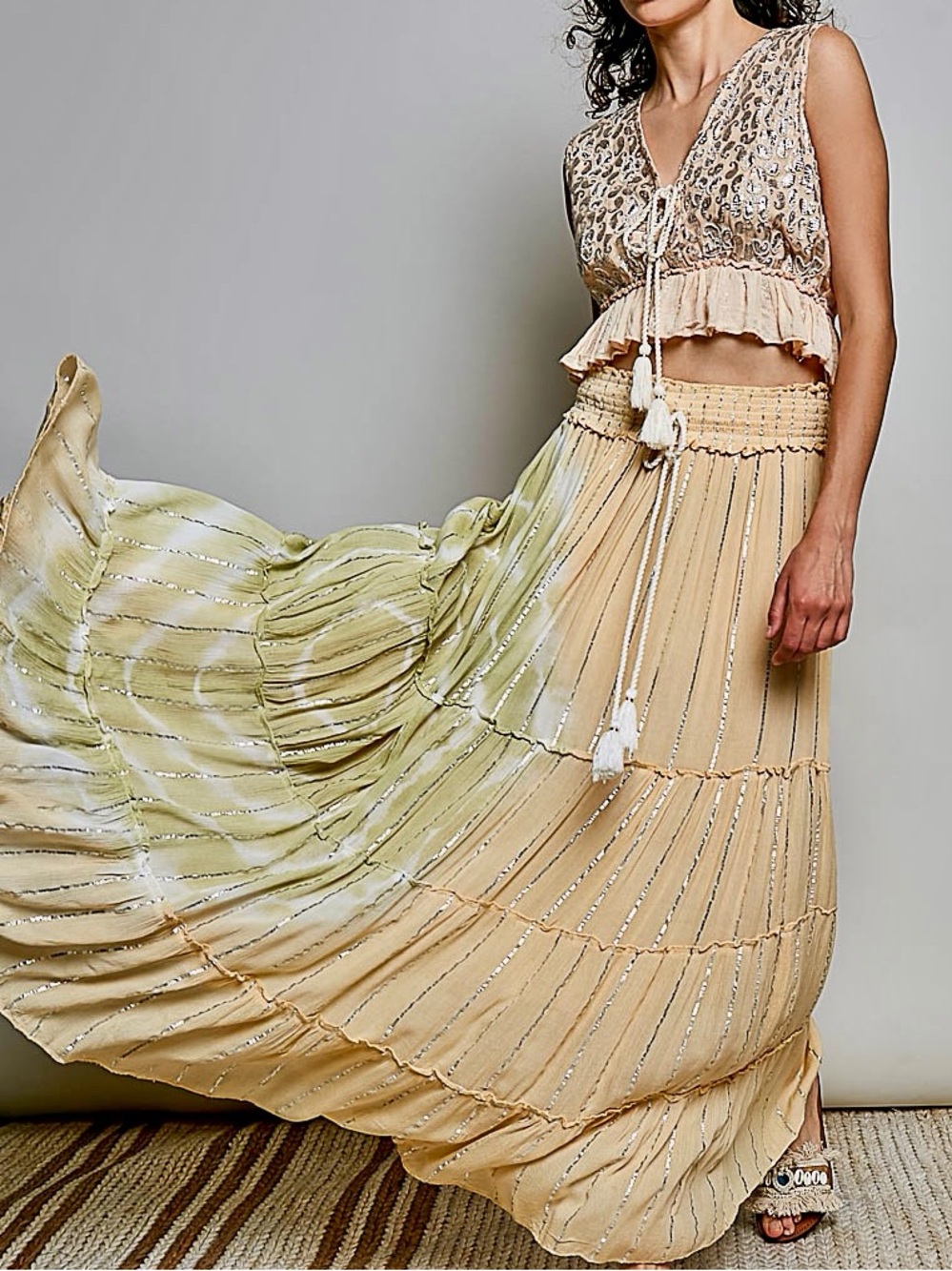 💗 POL POL Shimmer Tiered Reverse Ruffle Smocked Waist Maxi Skirt-Coral Haze